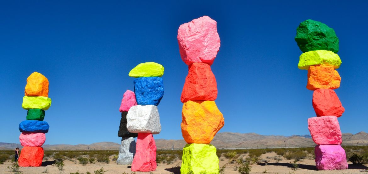 The Seven Magic Mountains located near Las Vegas Strip Seven rainbow-colored boulders forming rock towers, standing over 30 feet tall