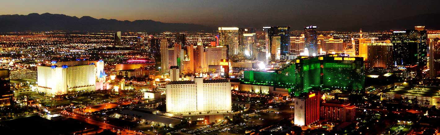 A panoramic view of the Las Vegas Strip casinos at night.